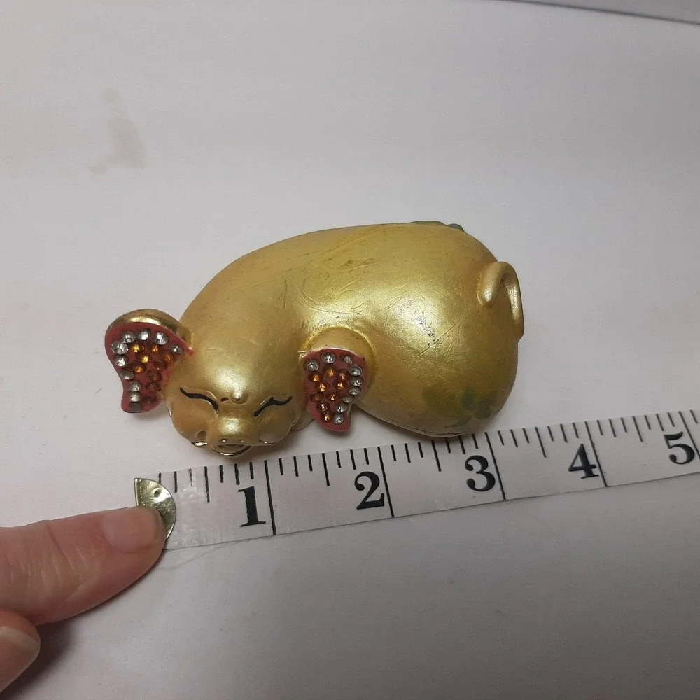 Gold and Pink Happy Smiling Hindu Pig Metal Enamel Hinged Box 3.25
